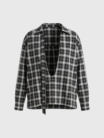 Dolled Office Plaid Tie-Front Long Sleeve Shirt - Black