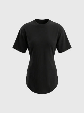 Brick Lane Skimming Curved Hem Crew Neck Tee - Black