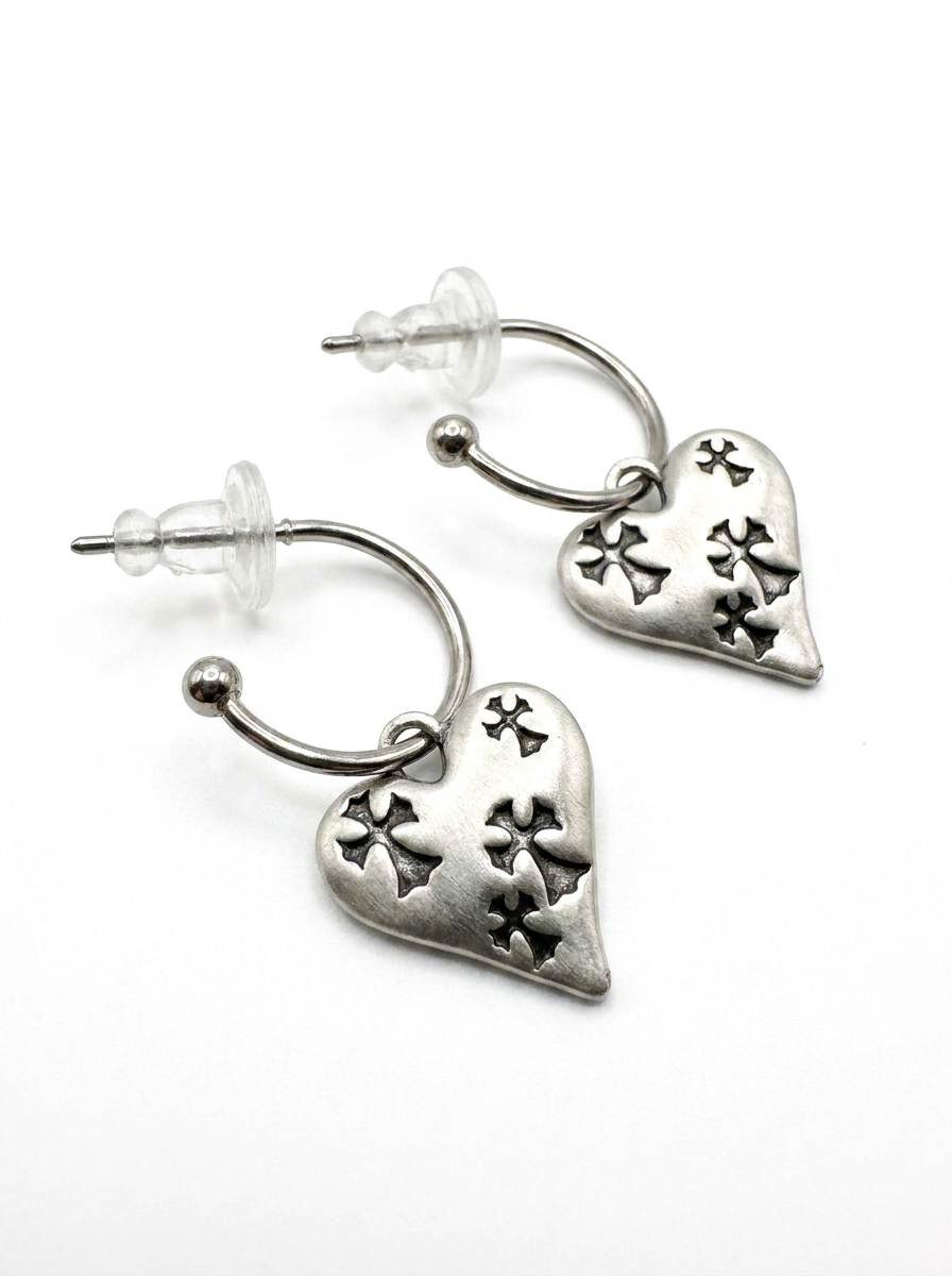 Brick Lane Punk Gothic Cross Heart Hoop Earrings - Silver