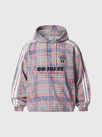 Co-ed Dorm Baggy Plaid Number 3 Graphic Zip-up Hoodie - Pink