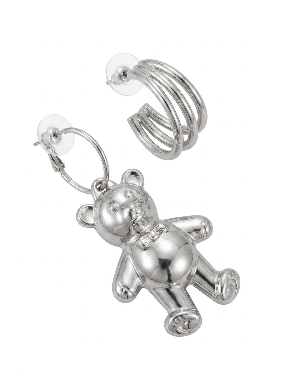 Brick Lane Punk Liquid Metal Teddy Bear Hoop Earrings Set - Silver
