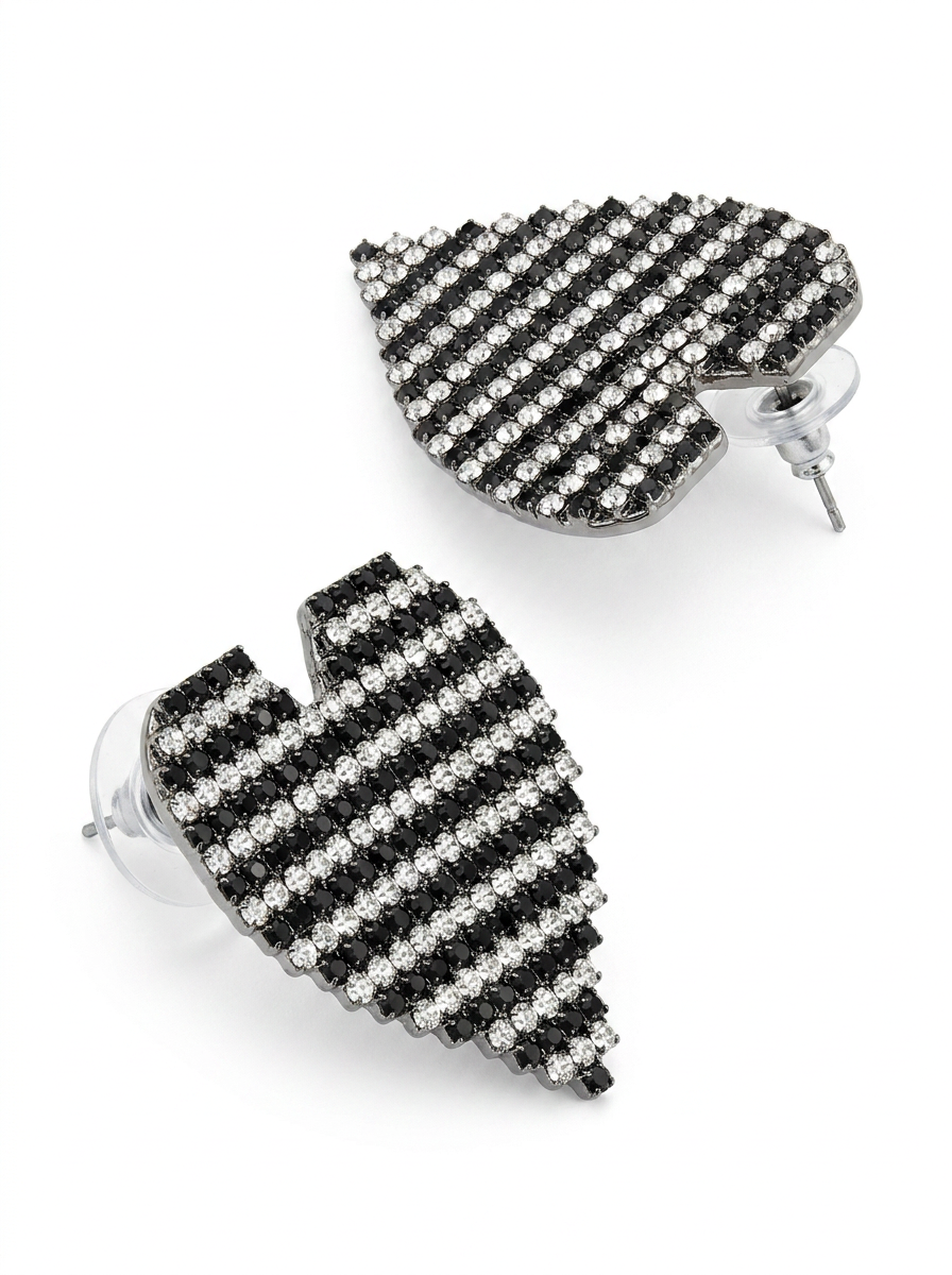 Brick Lane Y2K Rhinestone Striped Heart Stud Earrings - Black