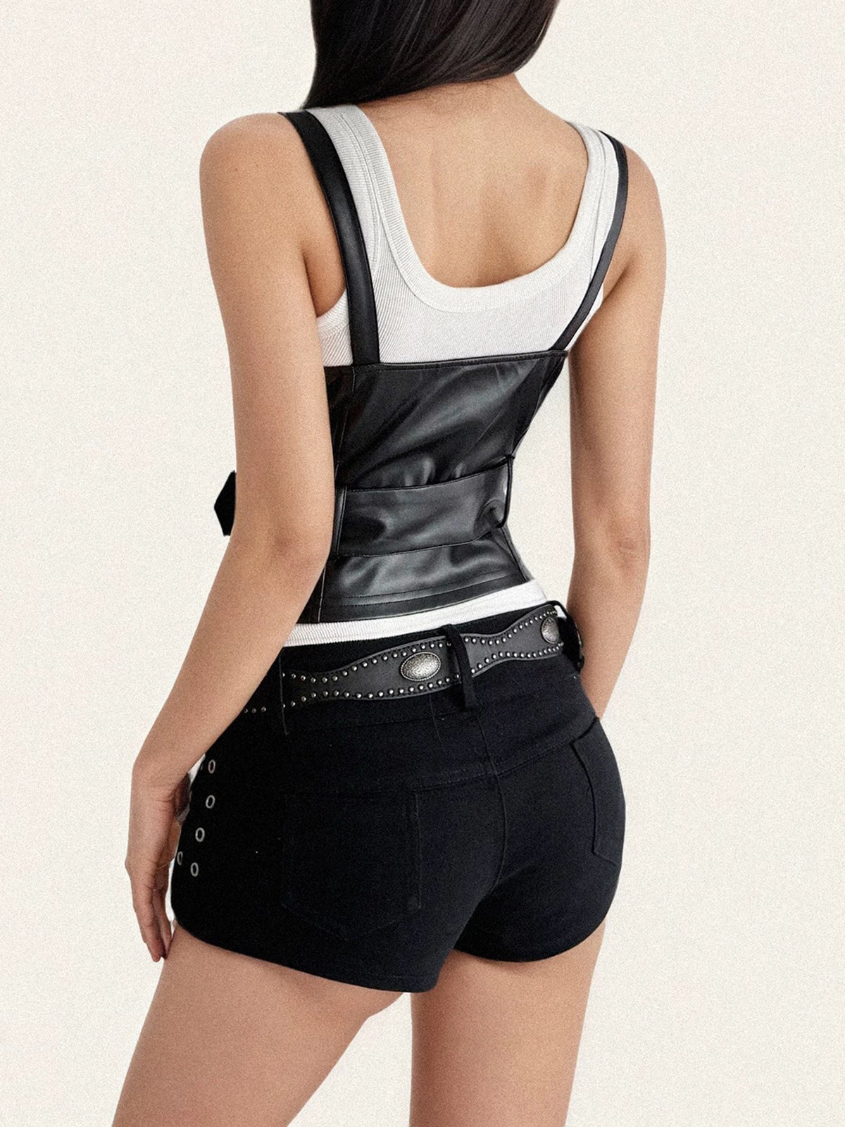 Brick Lane Skimming Faux Leather Buckled Corset Top - Black