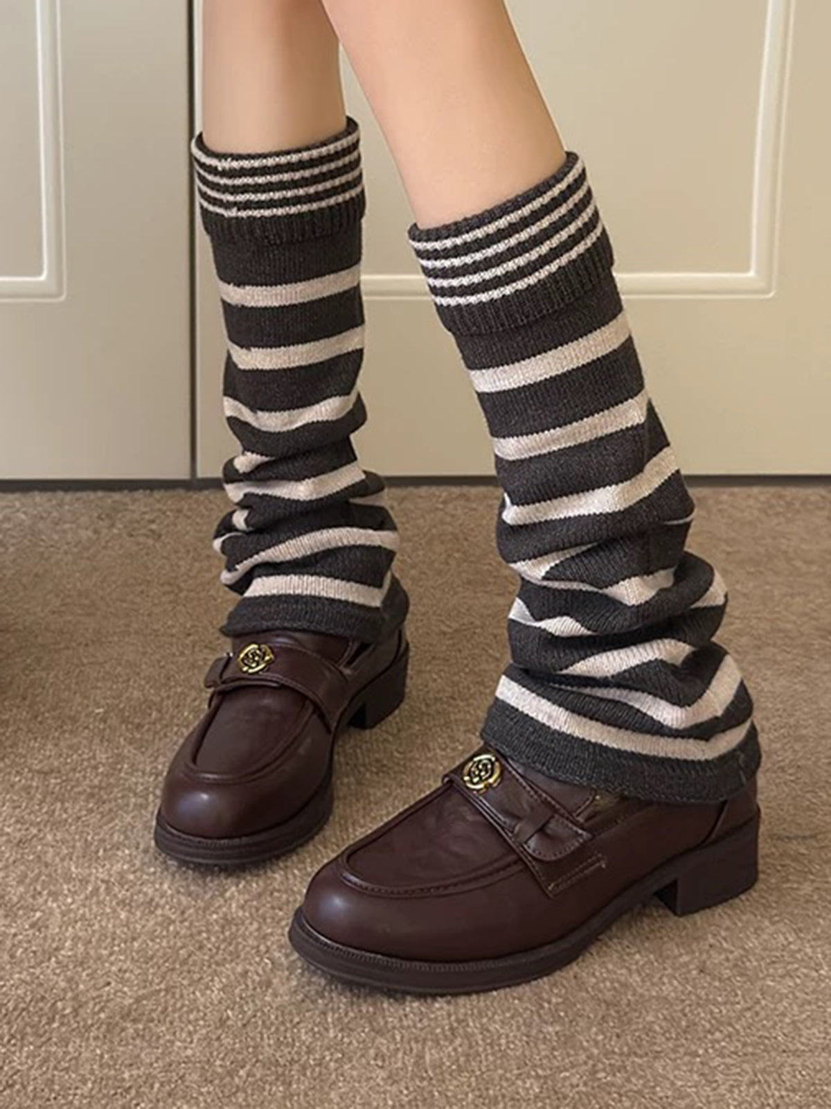 American Club Casual Striped Knit Leg Warmers - Brown