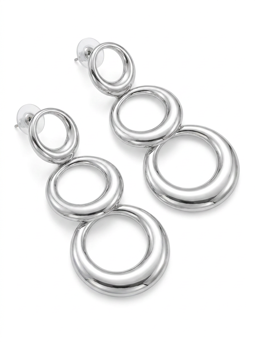 Brick Lane Minimalist Triple Layer Circle Drop Earrings - Silver