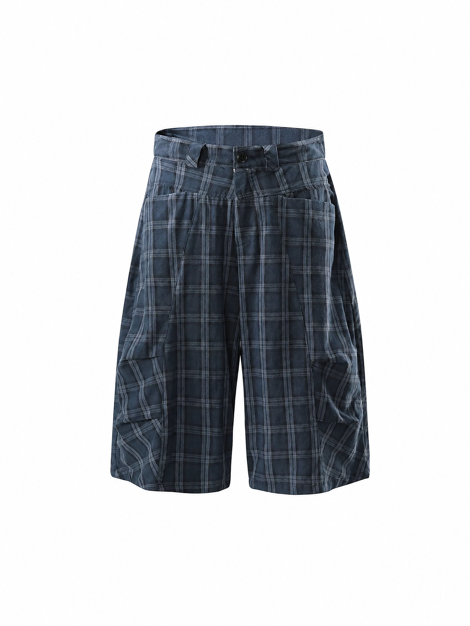 Brick Lane Wide-leg Check Pattern Denim Jorts - Navy