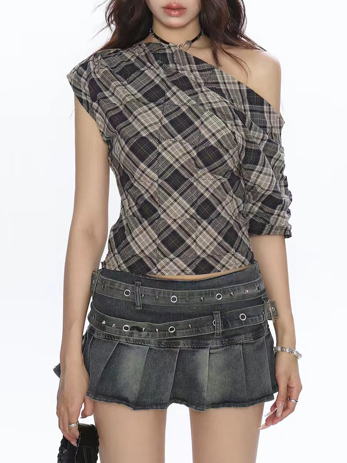 Brick Lane Cropped Plaid Off-Shoulder Short Sleeve Tee - Grey