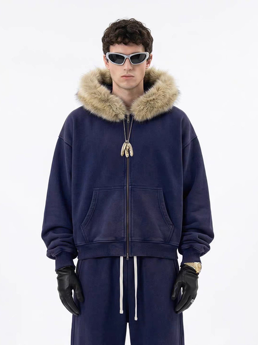 Weekday Outdoor Baggy Fur Trim Hooded Puffer Jacket Outwear - Blue