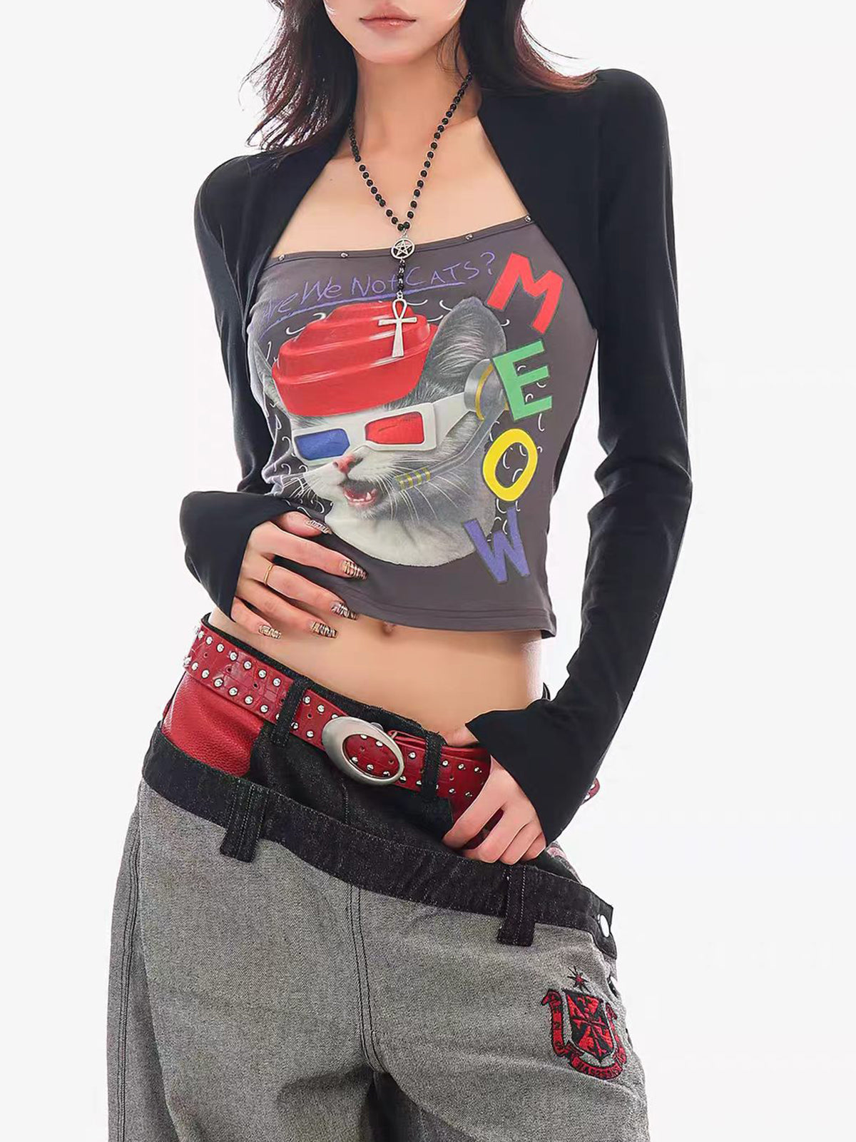 Brick Lane Graphic Print Long Sleeve Shrug Tee - Black