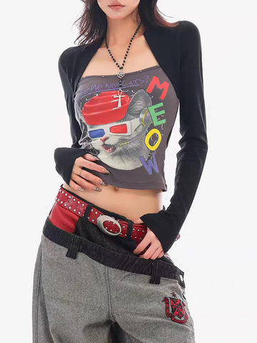 Brick Lane Graphic Print Long Sleeve Shrug Tee - Black