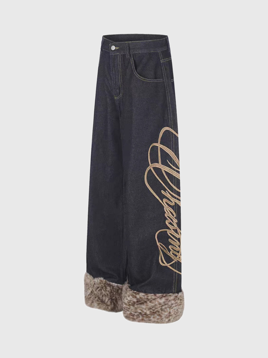 American Club Wide-leg Graphic Fur Cuff Denim Maxi Pants - Blue