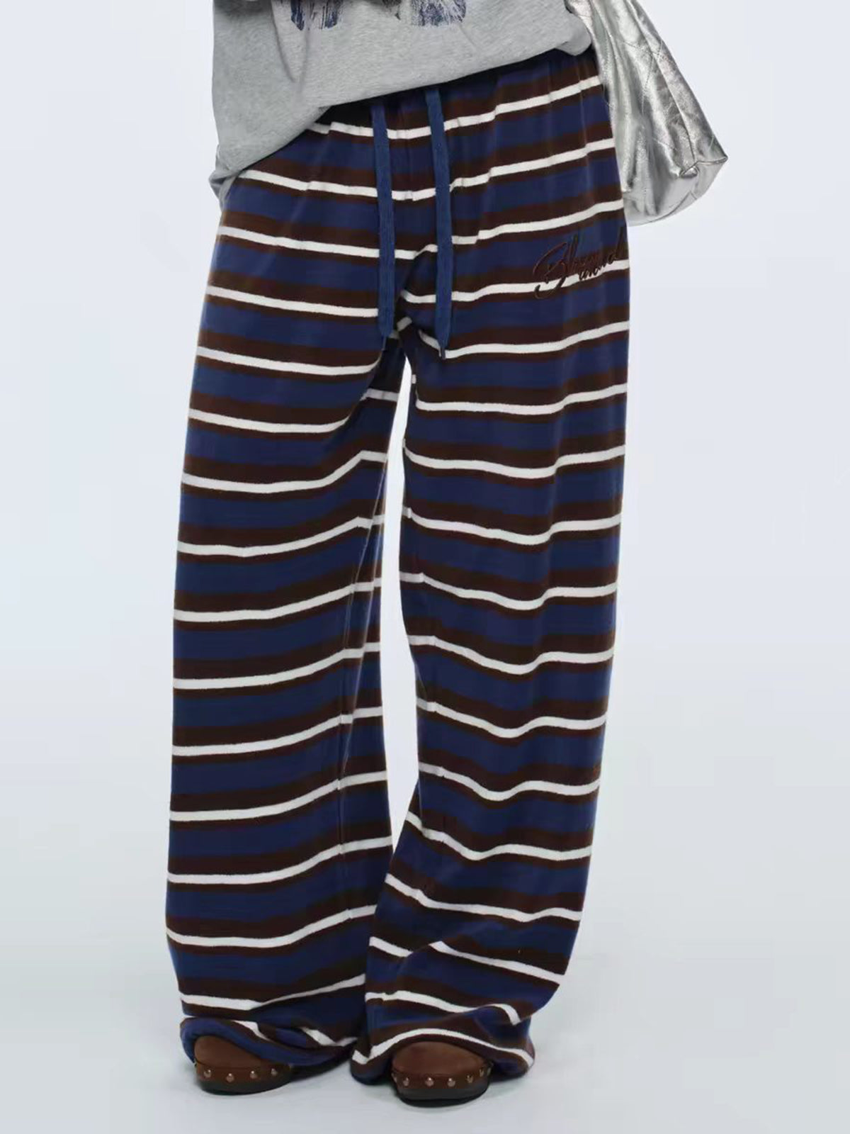 Brick Lane Wide-leg Striped Drawstring Maxi Pants - Navy