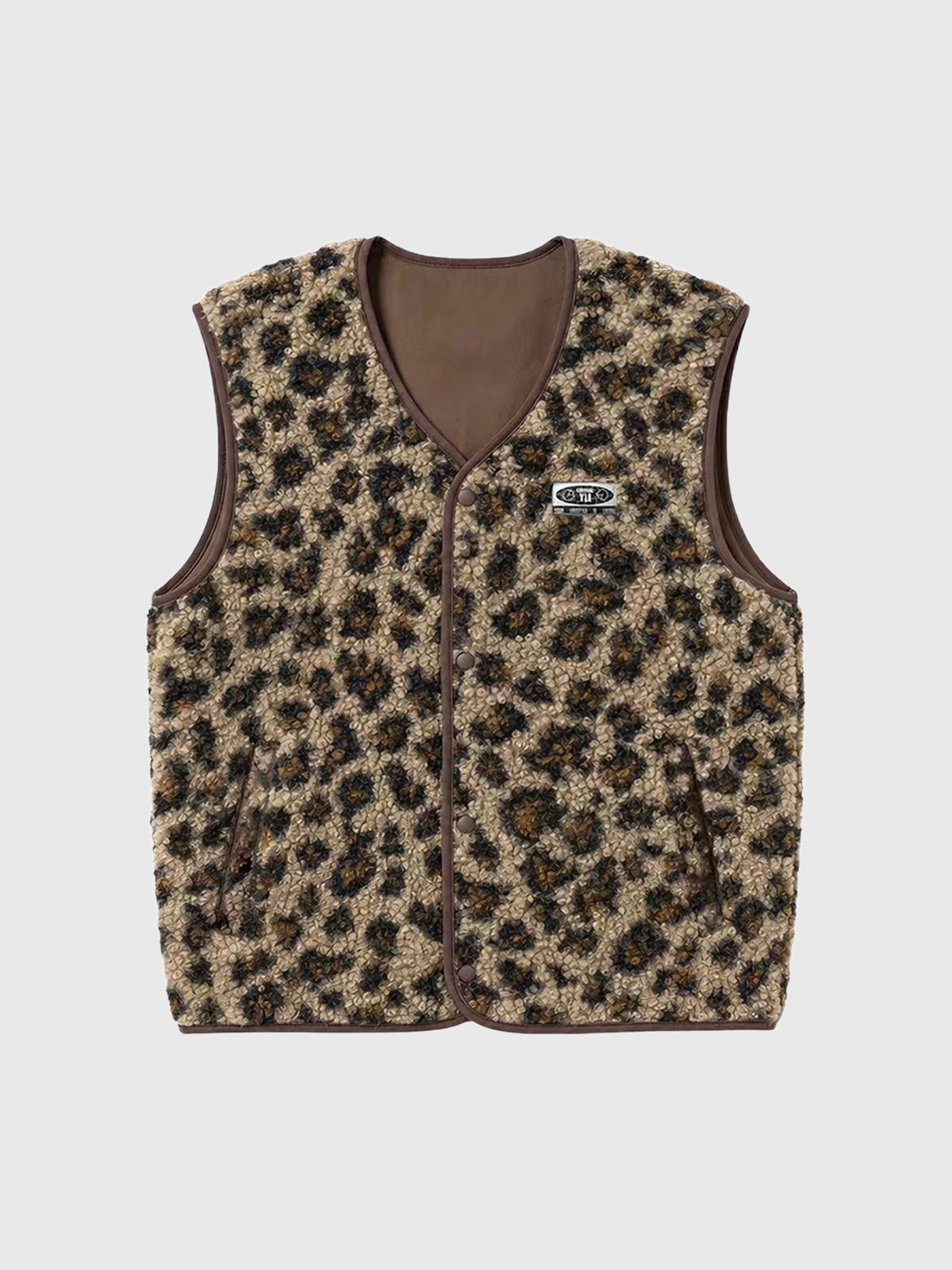 Brick Lane Regular Leopard Print Fleece Vest Jacket - Brown