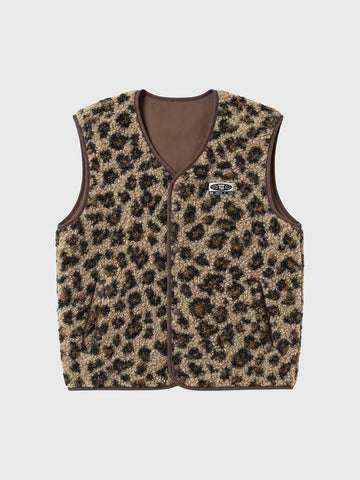 Brick Lane Regular Leopard Print Fleece Vest Jacket - Brown