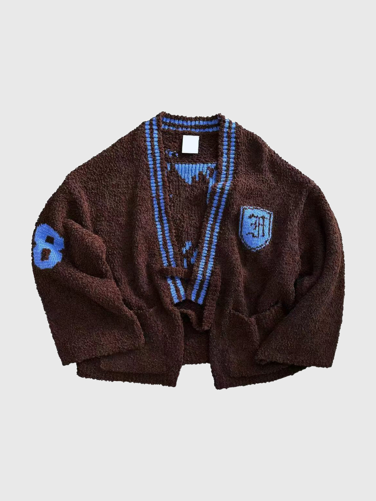 American Club Baggy Number Patch V-Neck Knit Cardigan Sweater - Brown