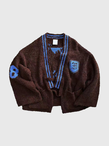 American Club Baggy Number Patch V-Neck Knit Cardigan Sweater - Brown