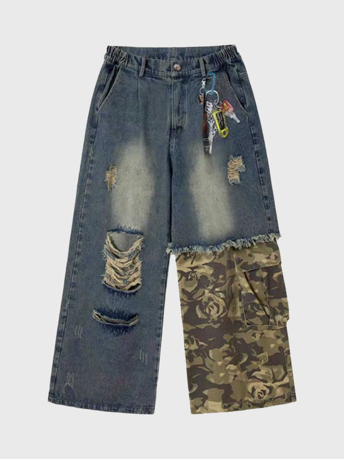 American Club Wide-leg Camo Patchwork Washed Denim Maxi Pants - Blue