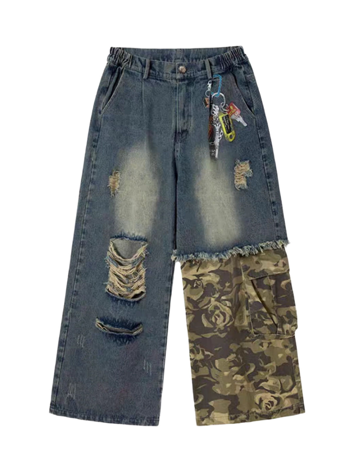 American Club Wide-leg Camo Patchwork Washed Denim Maxi Pants - Blue