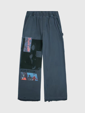 American Club Wide-leg Graphic Patchwork Denim Maxi Pants - Blue