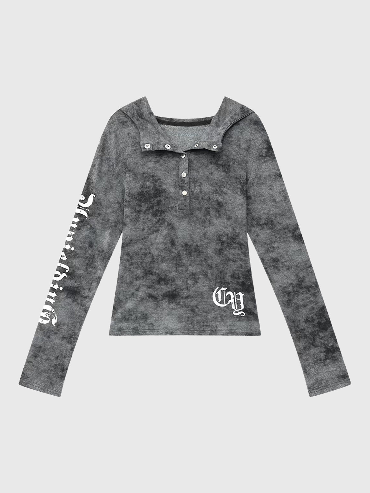 Brick Lane Skimming Washed Graphic Print Button-Front Long Sleeve Tee - Grey