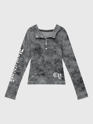 Brick Lane Skimming Washed Graphic Print Button-Front Long Sleeve Tee - Grey