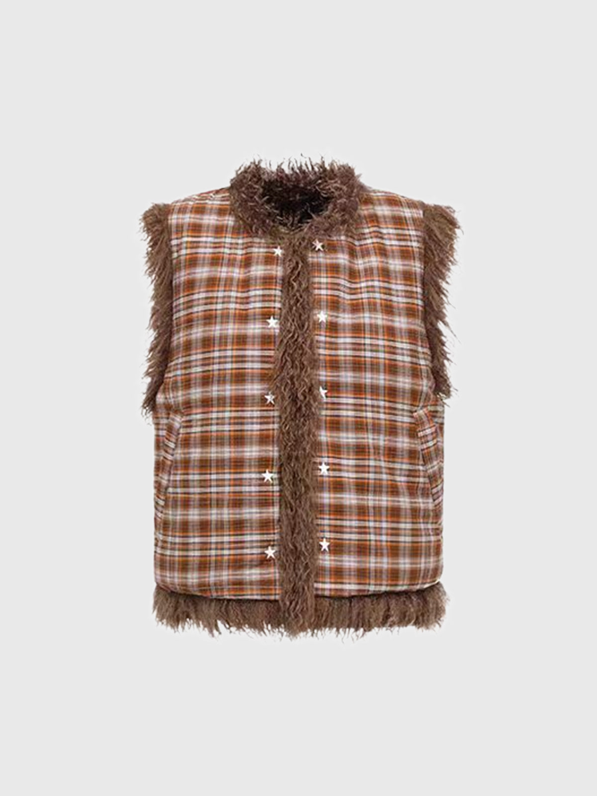 Weekday Outdoor Baggy Plaid Flannel Fleece Vest Jacket - Brown