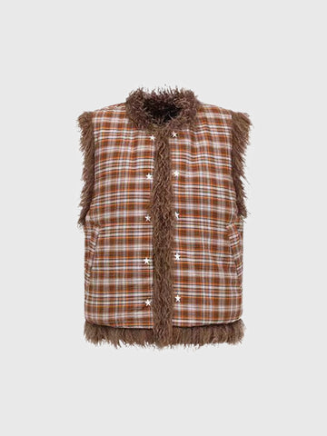 Weekday Outdoor Baggy Plaid Flannel Fleece Vest Jacket - Brown