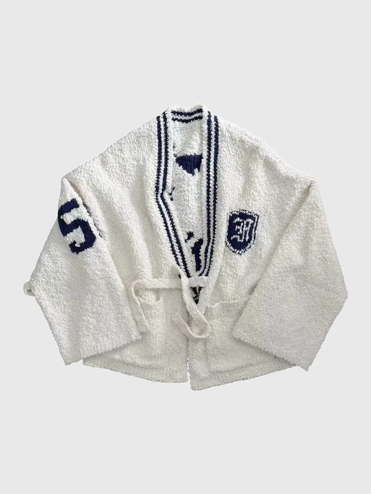 American Club Baggy Number Patch V-Neck Knit Cardigan Sweater - White