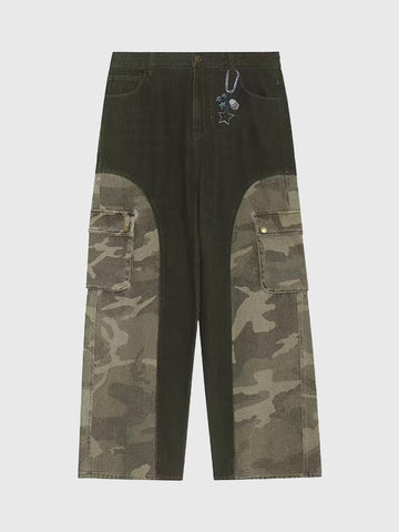 Weekday Outdoor Two-Tone Contrast Wide-Leg Cargo Pants - Black/Camo