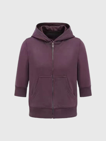 Co-ed Dorm Baggy Short Sleeve Pullover Fleece Hoodie - Purple