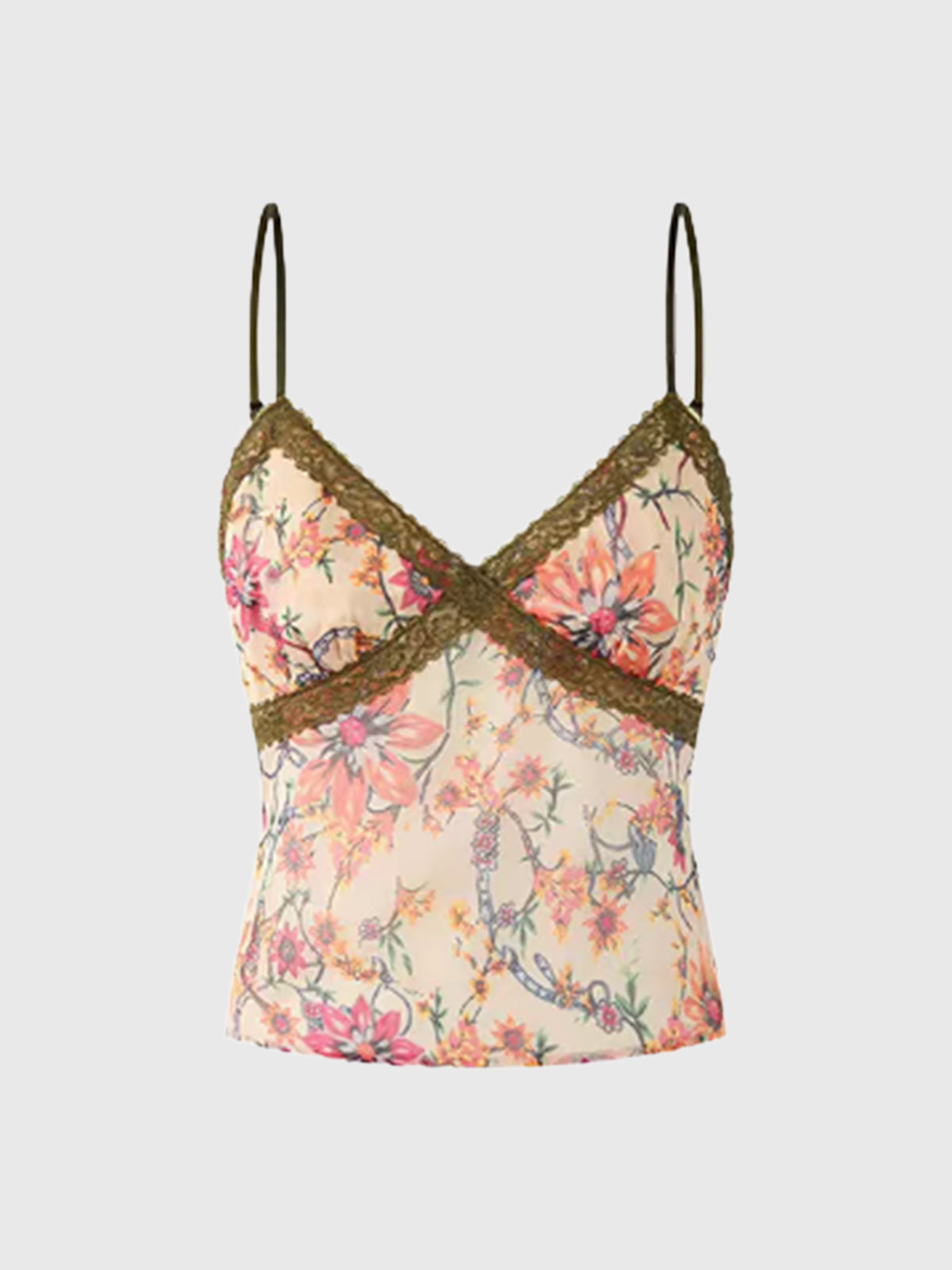Brick Lane Skimming Lace Trim Floral Print Cami Tank - Pink