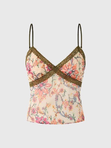 Brick Lane Skimming Lace Trim Floral Print Cami Tank - Pink