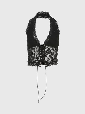 Brick Lane Skimming Halterneck Tie-Front Sleeveless Tee - Black