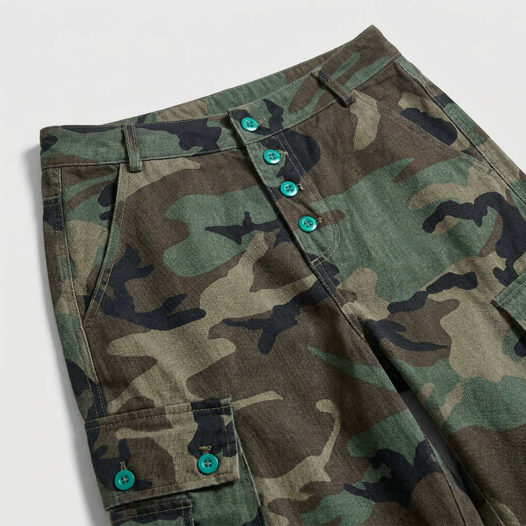 Brick Lane Curved Cut Camouflage Contrast Utility Pants - Camo