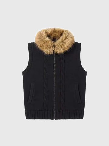 Weekday Outdoor Faux Fur Collar Padded Zip Puffer Vest - Black