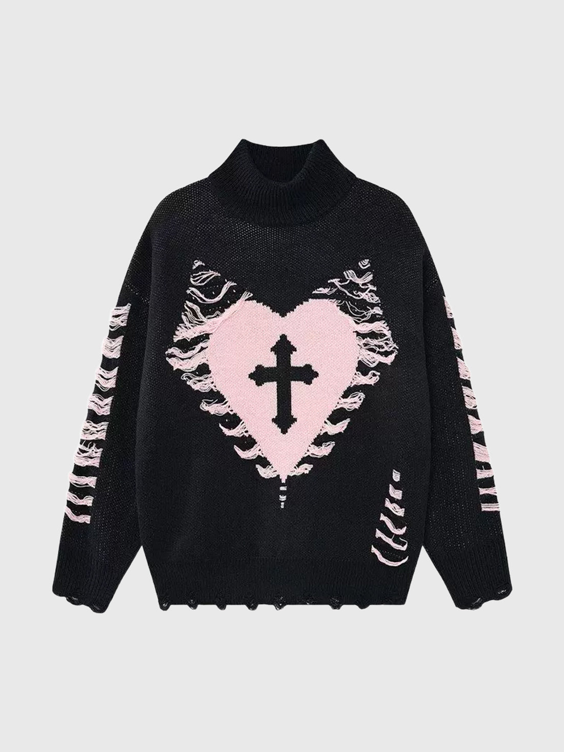 Brick Lane Mock Neck Heart Cross Graphic Knit Sweater - Black