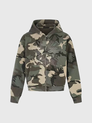 Weekday Outdoor Camo Print Zip-Up Hooded Windbreaker Jacket - Green