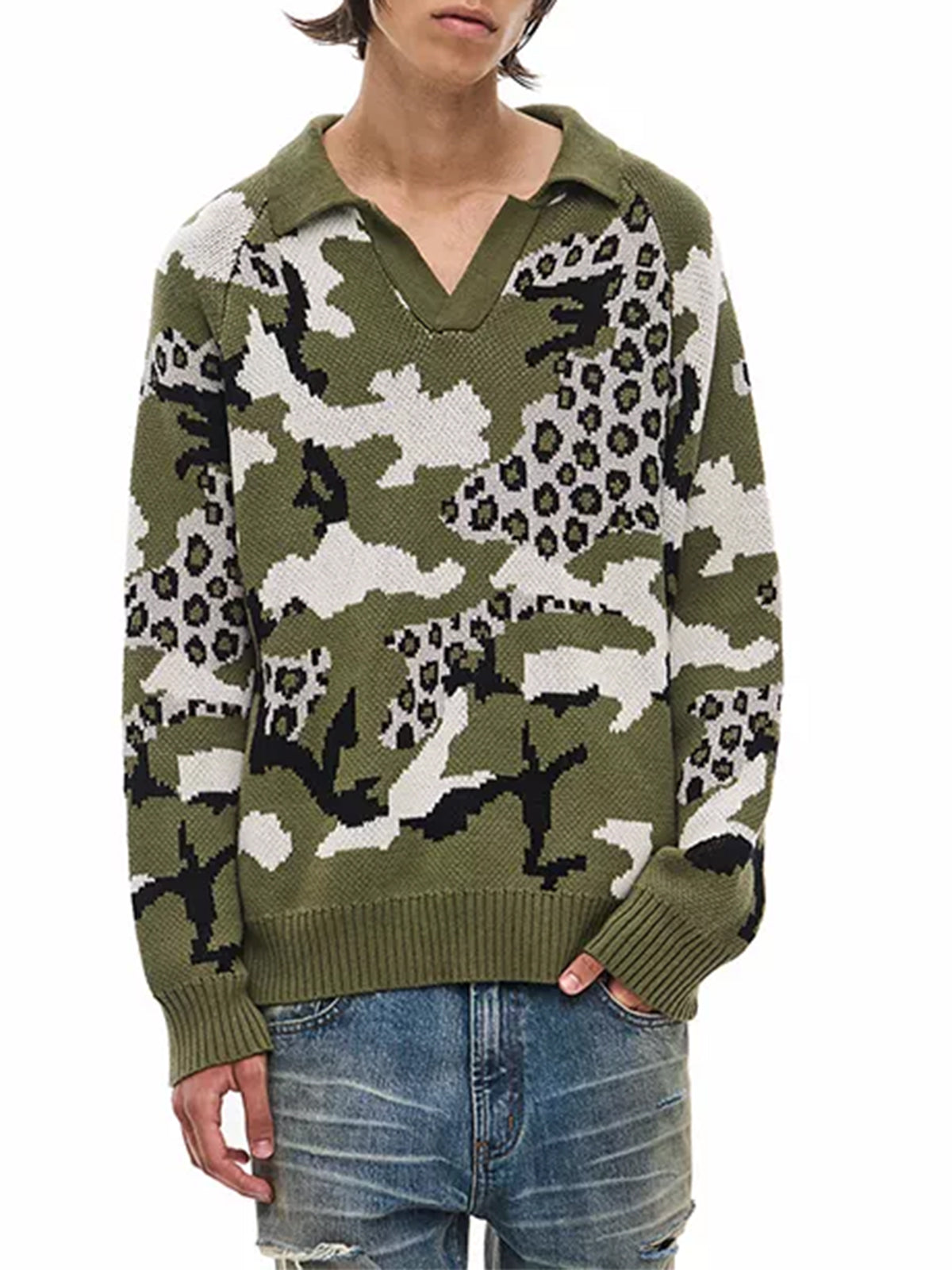 Brick Lane Camo Print Crewneck Knit Sweater - Green