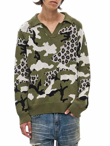 Brick Lane Camo Print Crewneck Knit Sweater - Green