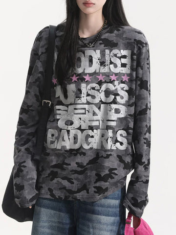 Brick Lane Distressed Graphic Print Long Sleeve Tee - Charcoal