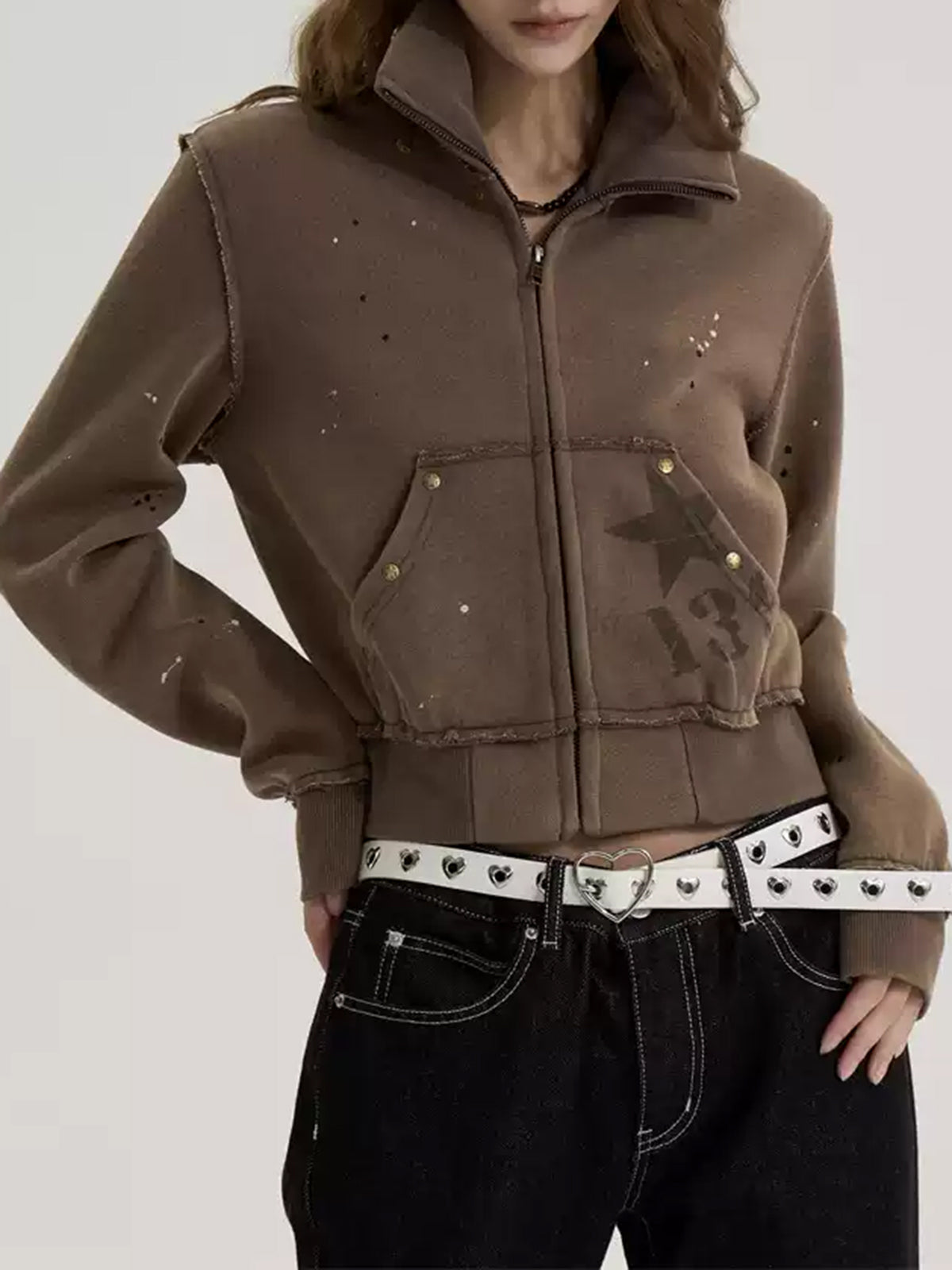 Brick Lane Funnel Neck Drawstring Fleece Jacket - Brown