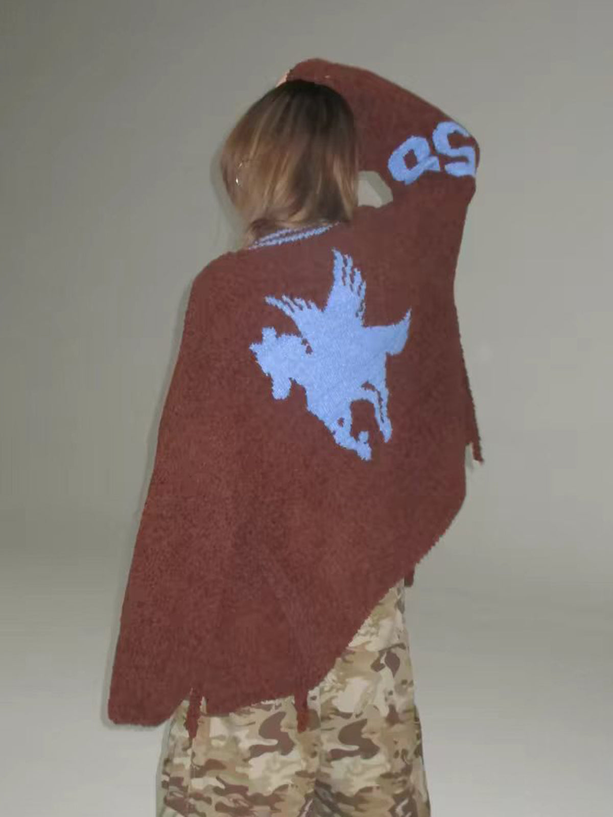 American Club Baggy Number Patch V-Neck Knit Cardigan Sweater - Brown