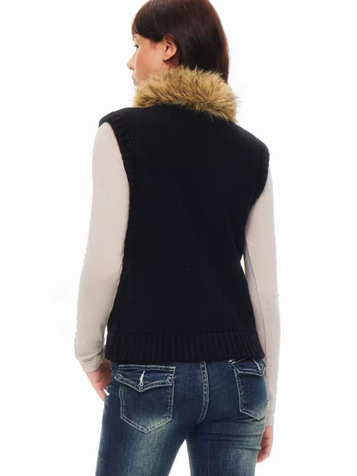 Weekday Outdoor Faux Fur Collar Padded Zip Puffer Vest - Black