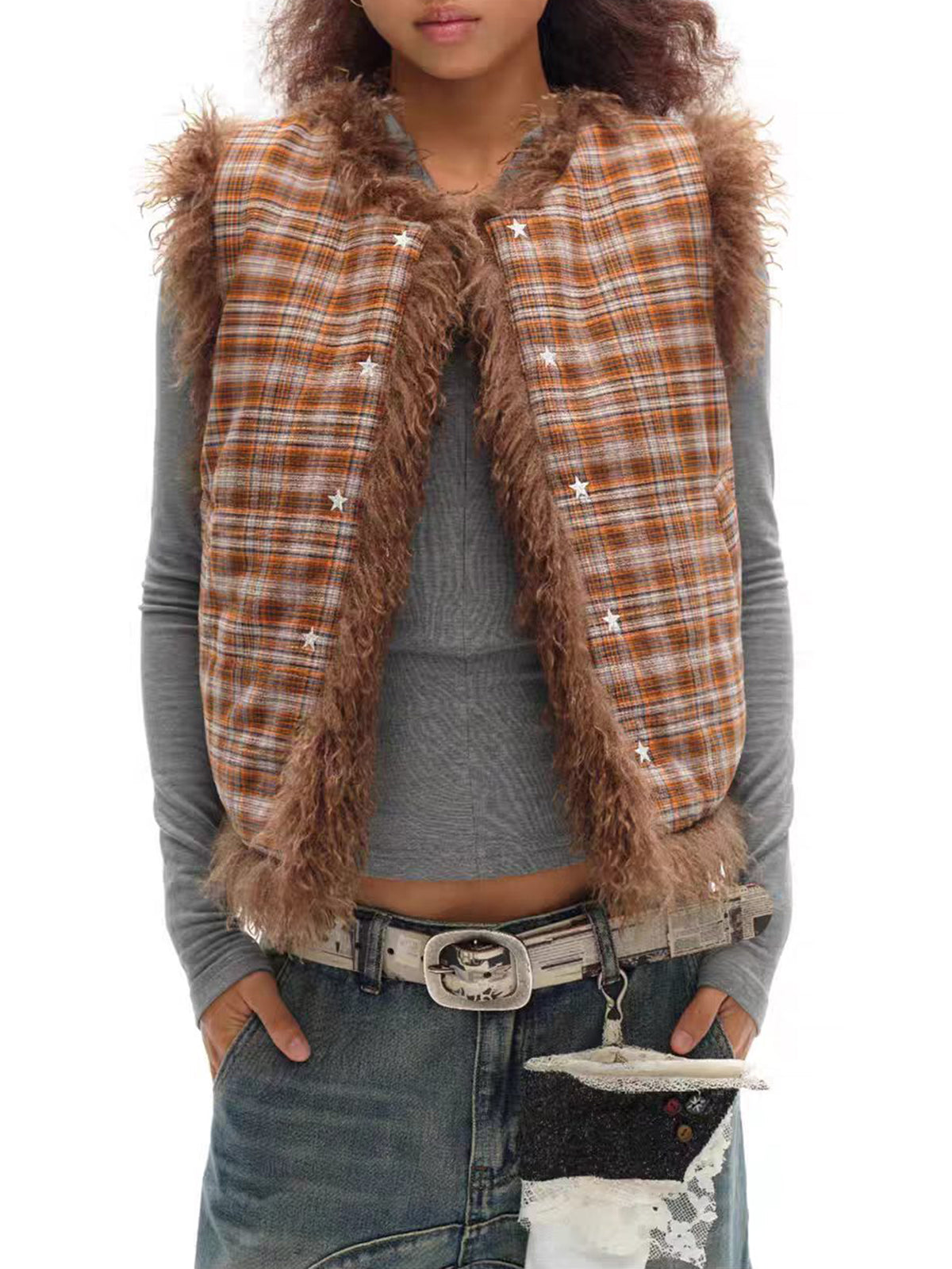 Weekday Outdoor Baggy Plaid Flannel Fleece Vest Jacket - Brown
