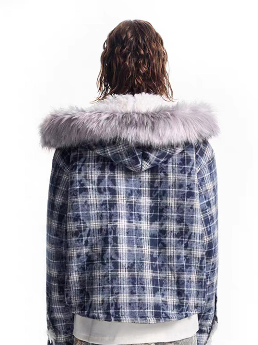 Weekday Outdoor Baggy Fur Trim Hooded Denim Puffer Jacket Outwear - Blue