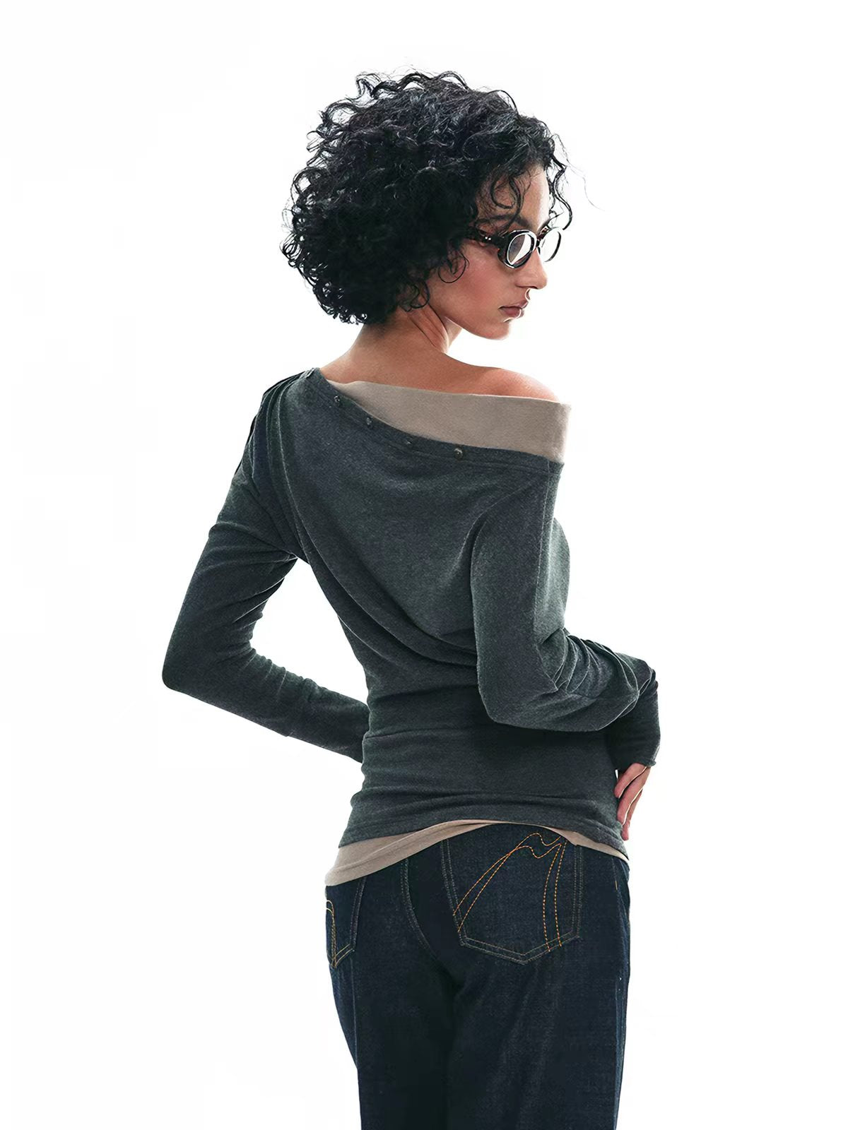 Brick Lane Asymmetric Off-Shoulder Slim Fit Knit Sweater - Charcoal