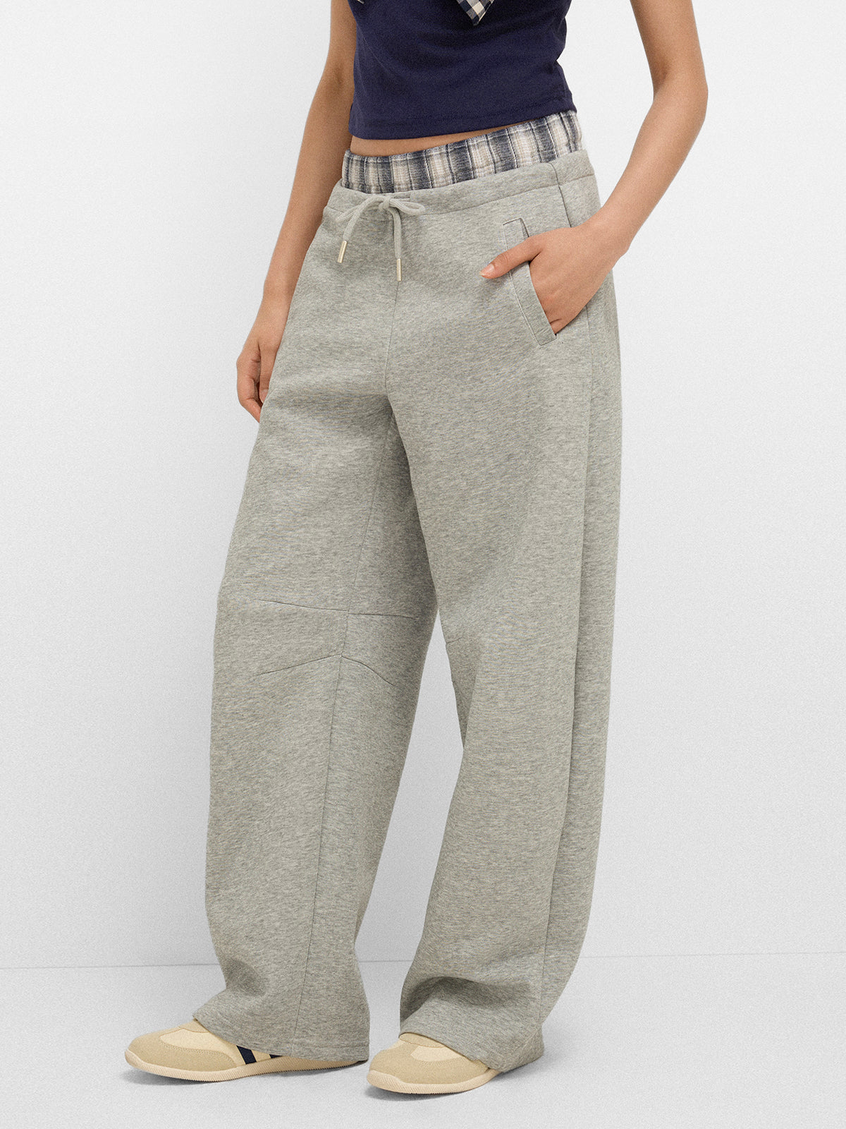 Quiet Plaid-Waist Pants - Fog Check