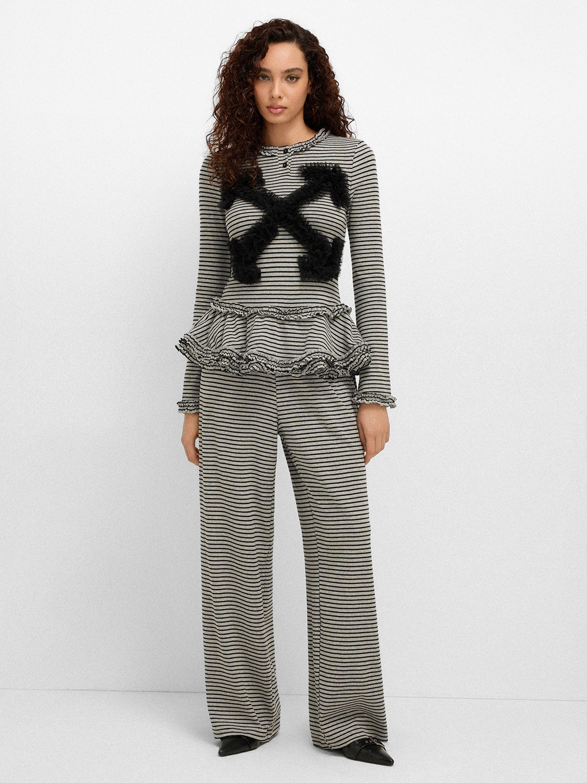 Grey Area Warning Set Peplum Top – Stripe Grey