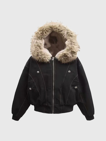 Weekday Outdoor Baggy Faux-Fur Hooded Puffer Jacket - Black