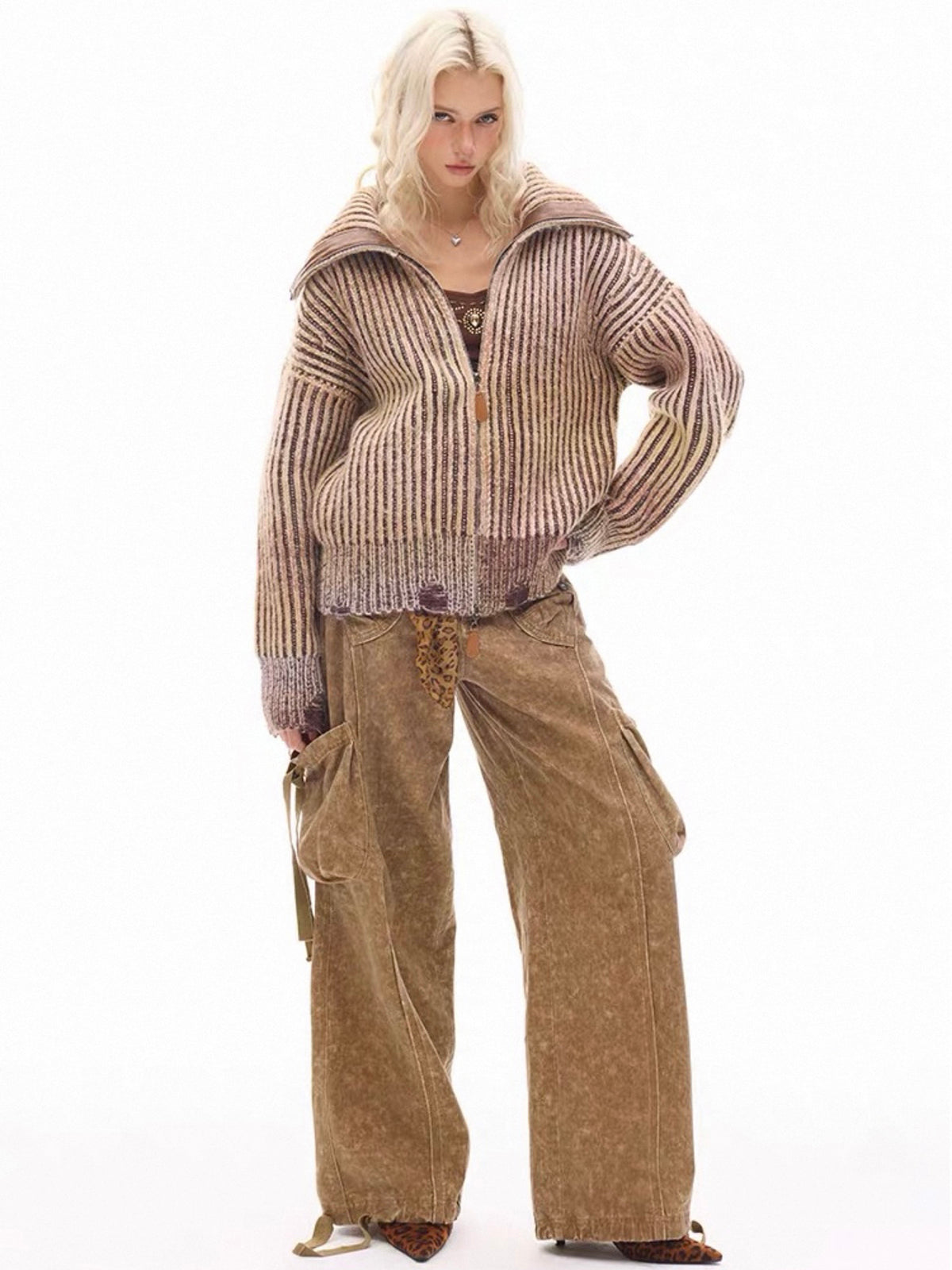 Brick Lane Baggy Turtleneck Patterned Knit Top - Brown